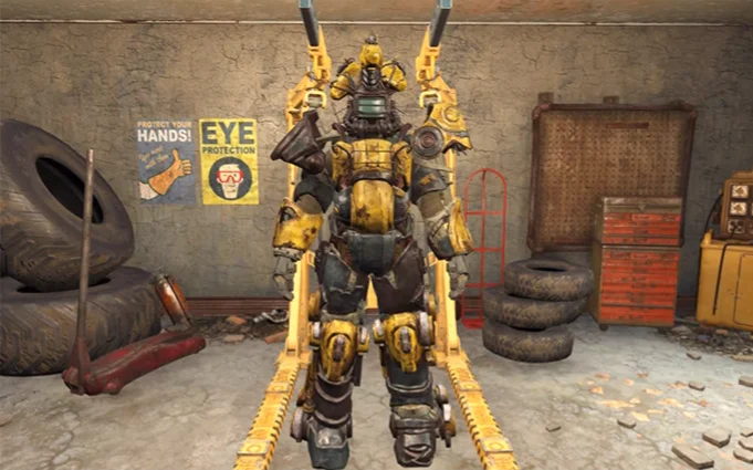 Horse Armor — Fallout 76 yellow power armor displayed on a rack
