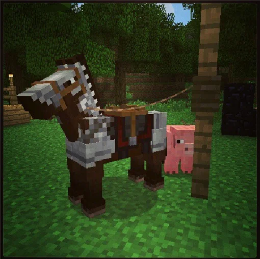 Minecraft horse wearing iron horse armor next to a pig