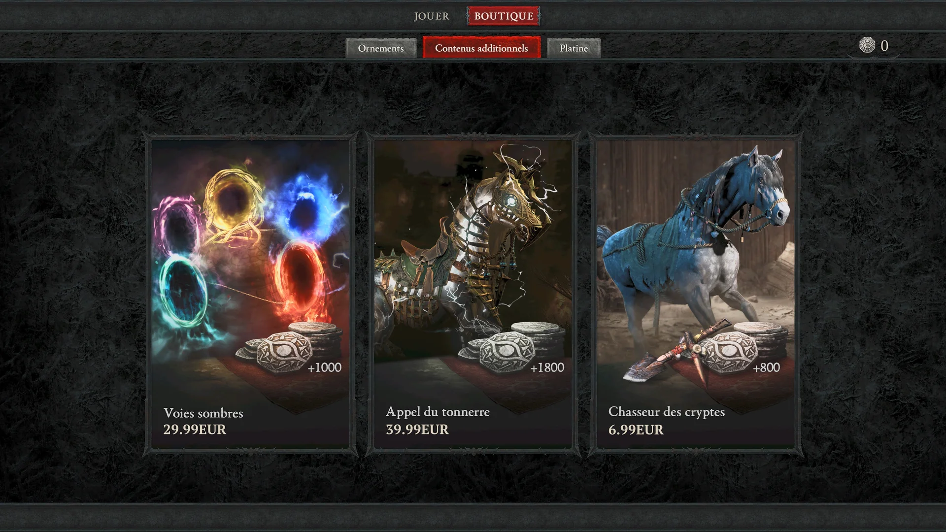 Horse Armor — French in-game shop showing an armored horse DLC pack for 39.99 EUR
