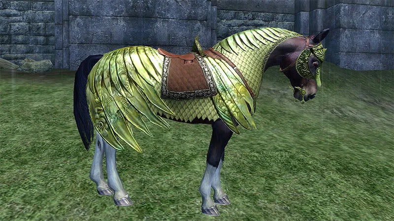 Oblivion horse wearing green Elven-style horse armor beside a stone wall