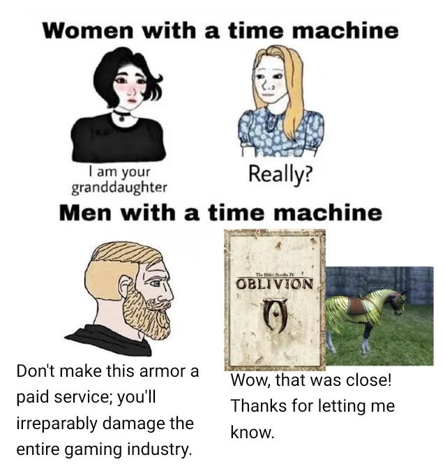 Time machine Wojak meme warning about paid horse armor in Oblivion