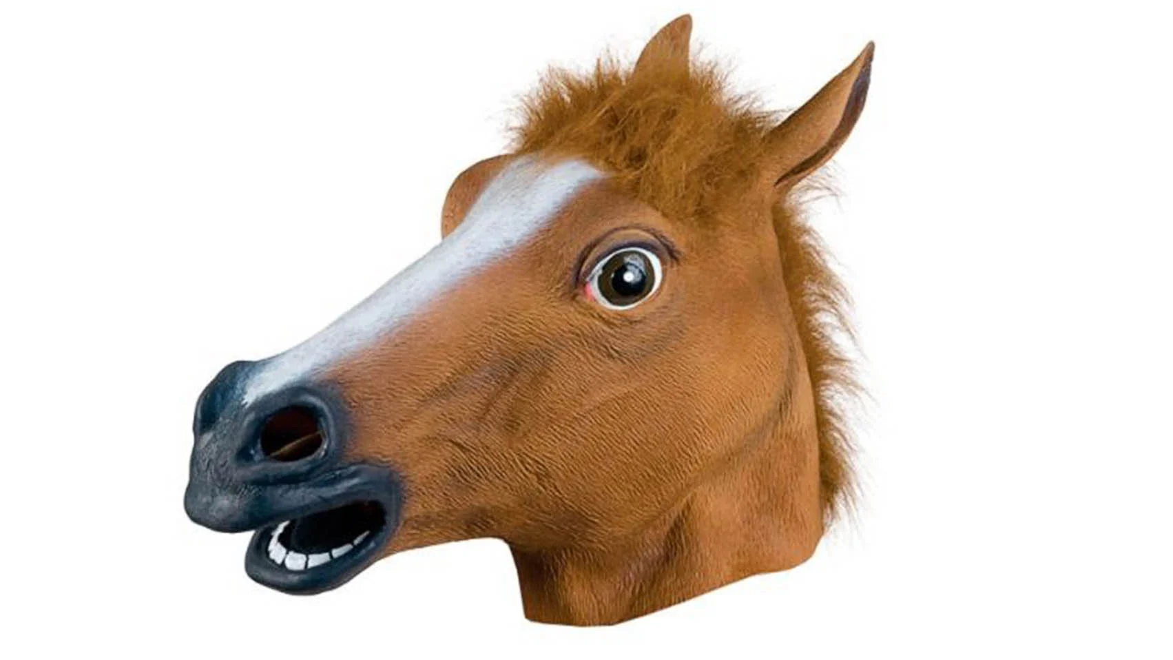 Brown latex horse head mask on white background