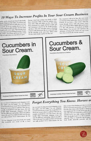 Horse_Ebooks — Magazine clipping with product photos and inserted absurdist text 'Forget Everything You Know. Horses in...'