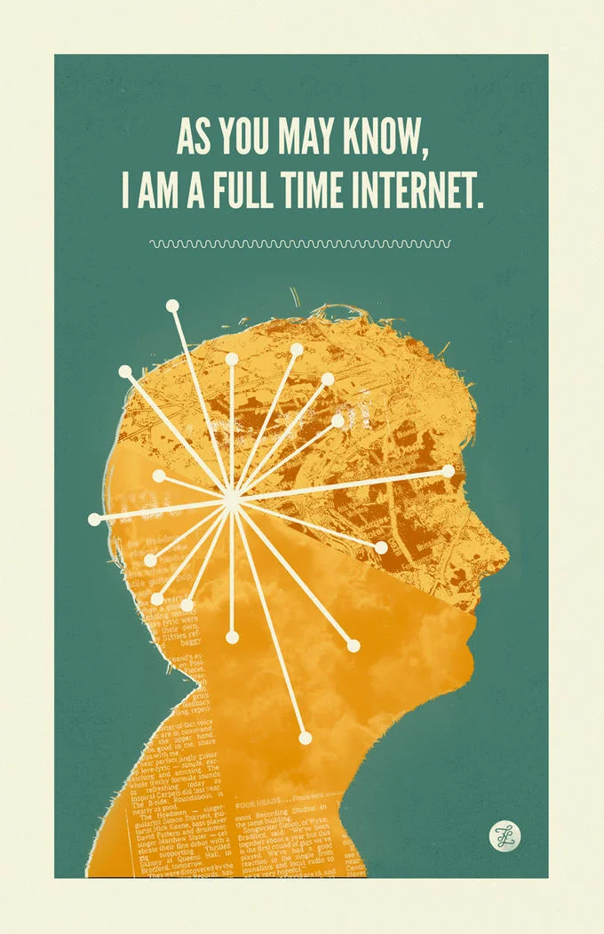 Horse_Ebooks — Poster featuring head filled with network connections and text 'AS YOU MAY KNOW, I AM A FULL TIME INTERNET.'