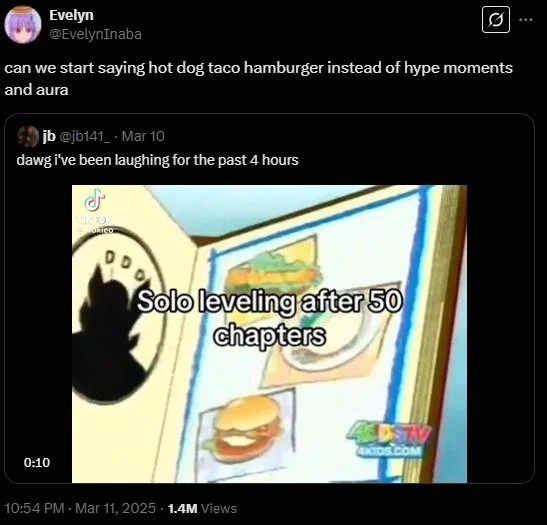 Twitter screenshot proposing 'hot dog taco hamburger' as a replacement phrase with an embedded TikTok using the KND scene.