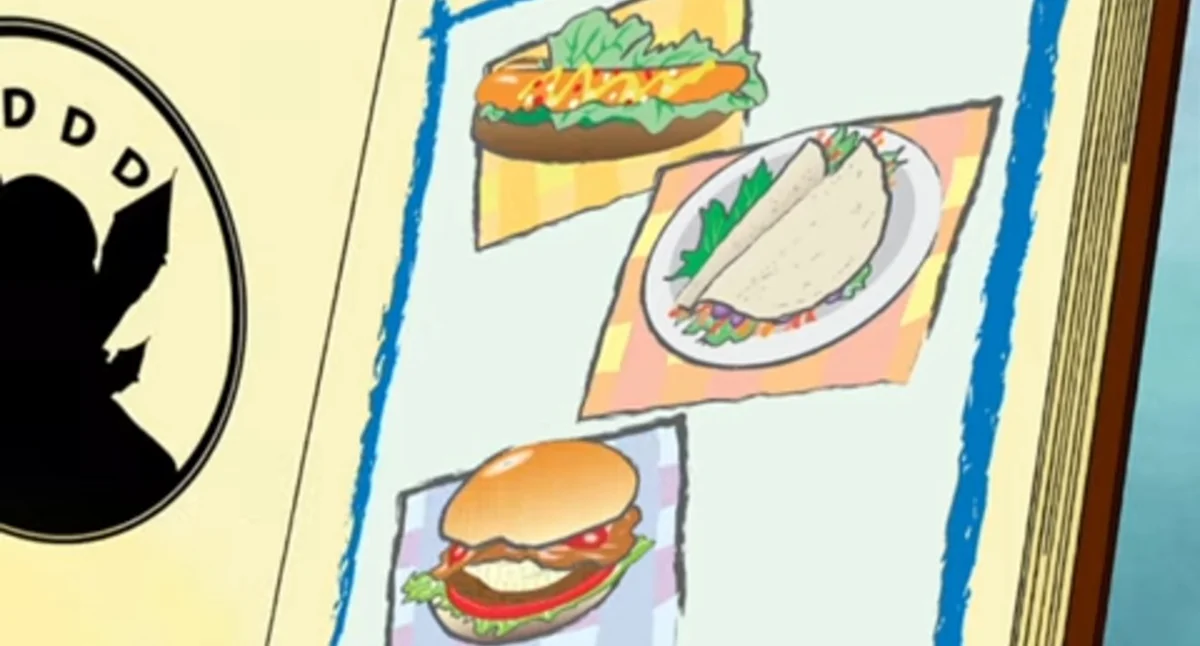 Hot Dog Taco Hamburger — Cartoon book page depicting a hot dog, taco, and hamburger stacked vertically.