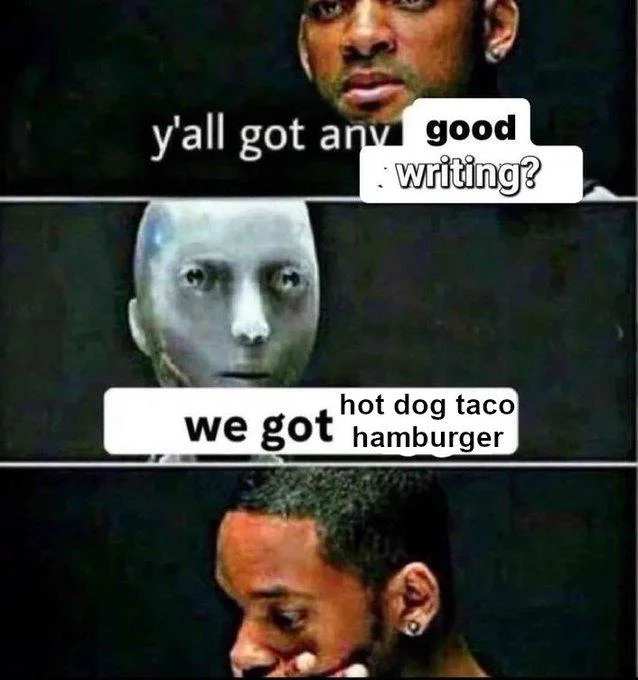 Will Smith reaction meme with an AI robot answering 'we got hot dog taco hamburger.'