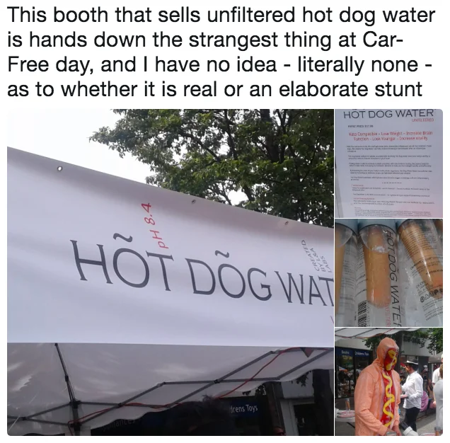 Screenshot of tweet reacting to Hot Dog Water booth with collage of product photos