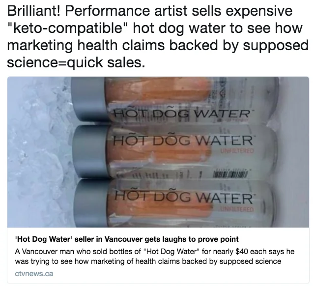 Screenshot of tweet linking CTV News article about Hot Dog Water performance art