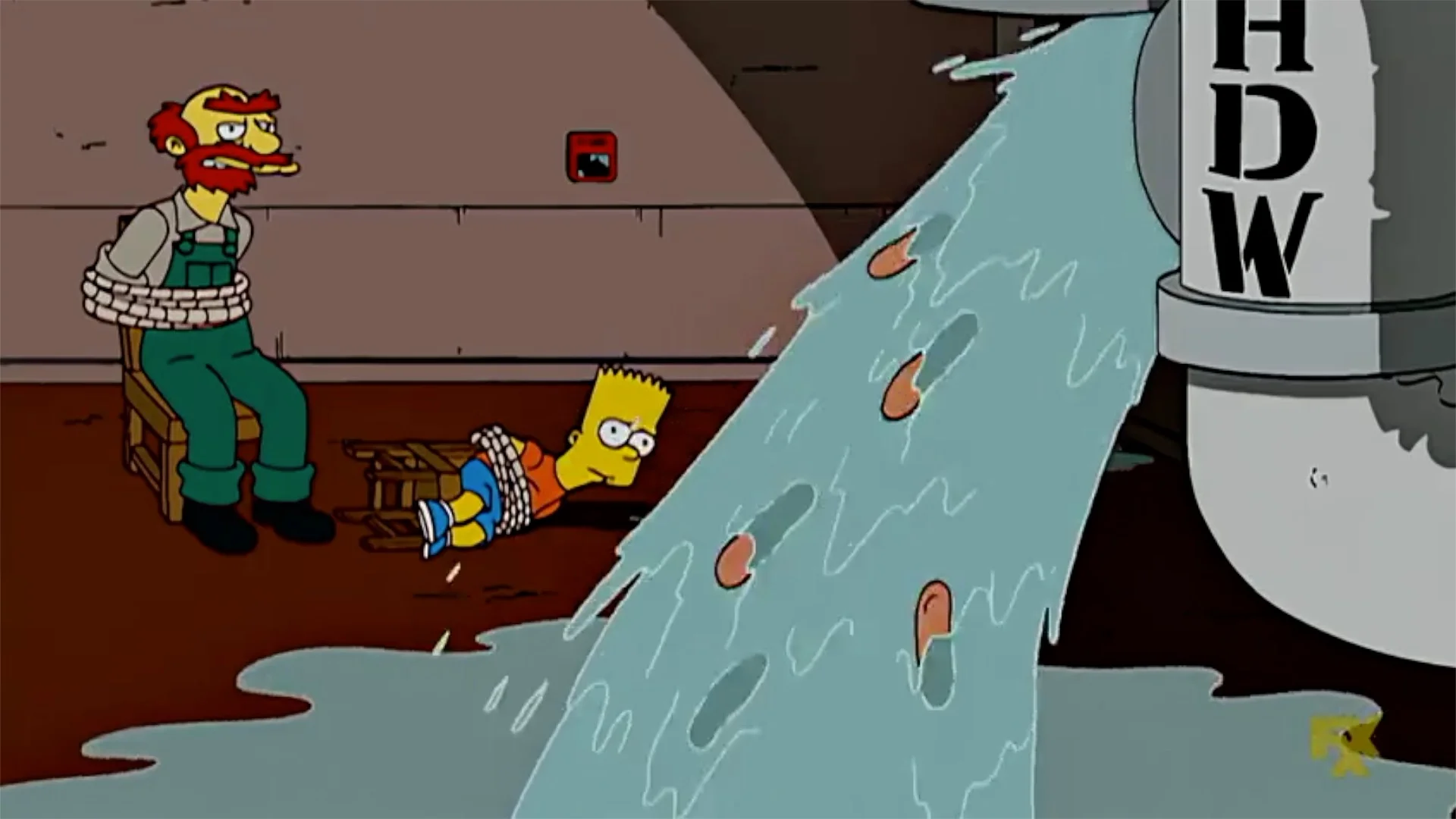 Simpsons scene with Willie and Bart tied up beside a Hot Dog Water tank spilling hot dogs