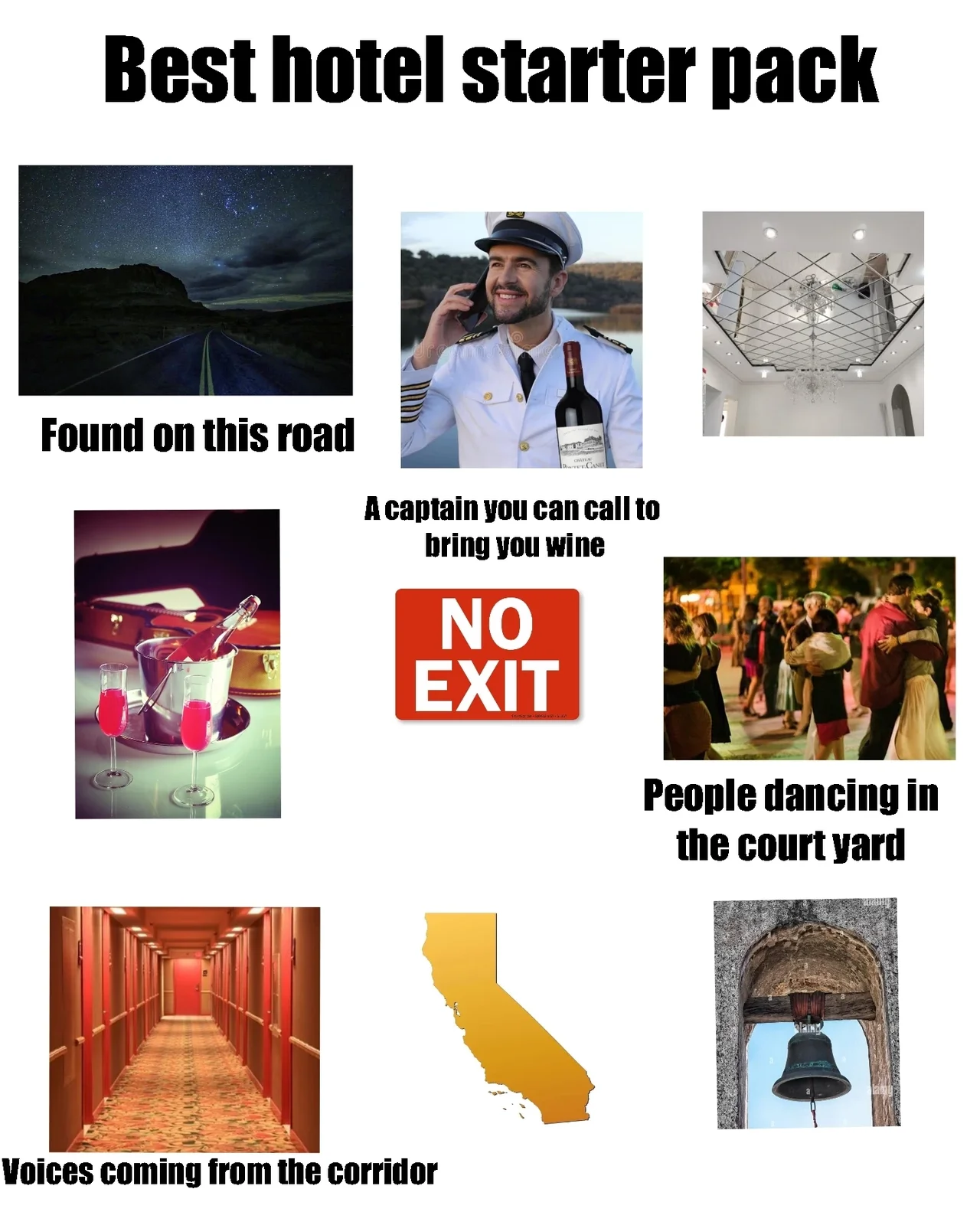 Hotel Review Sarcasm — Multi-image grid meme titled 'Best hotel starter pack' showing absurd experiences like haunted rooms and emergencies.