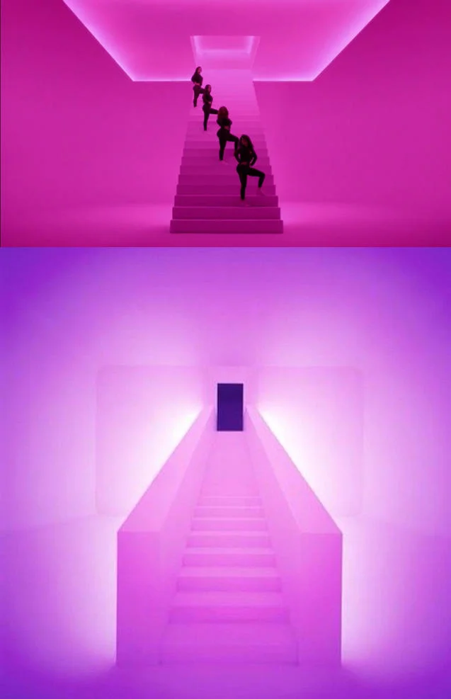 Side-by-side comparison of Hotline Bling video staircase scene and James Turrell light installation