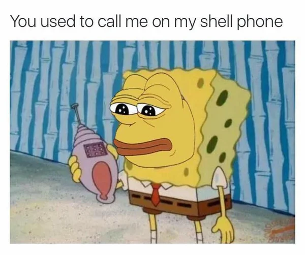 Hotline Bling — SpongeBob Pepe hybrid holding a shell phone with 'You used to call me on my shell phone' caption