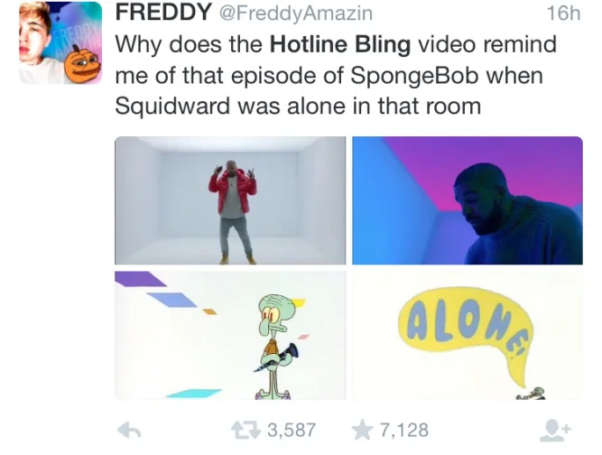 Tweet comparing Hotline Bling video visuals to the Squidward 'Alone' SpongeBob episode