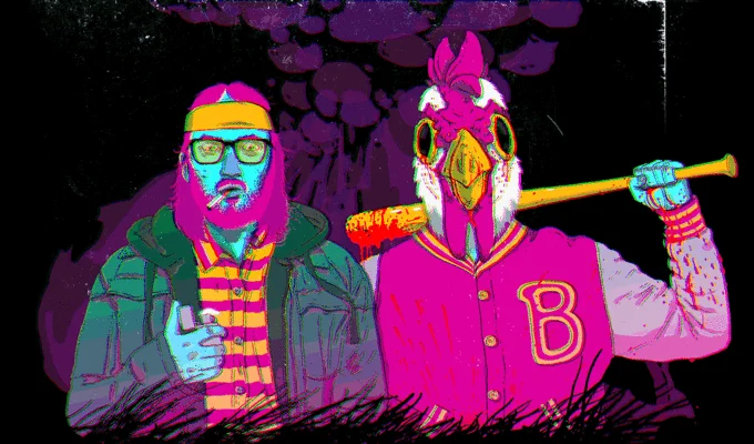 Hotline Miami — Neon fan art of Jacket in chicken mask with baseball bat next to bearded friend