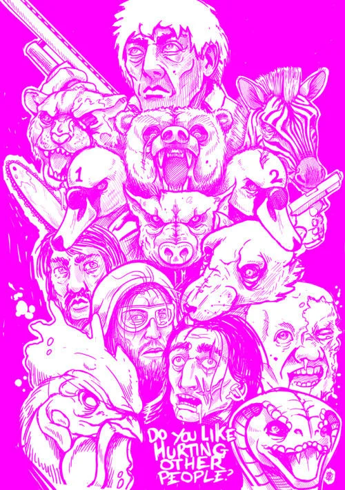 Pink Hotline Miami cast illustration with 'Do you like hurting other people?' caption