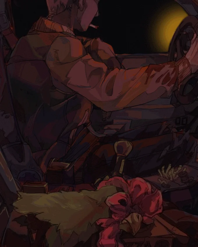 Hotline Miami Jacket driving at night with body in passenger seat