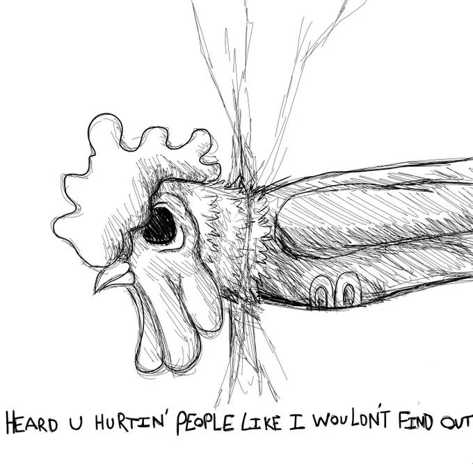 Hotline Miami — Sketch of angry rooster with caption about hurting people