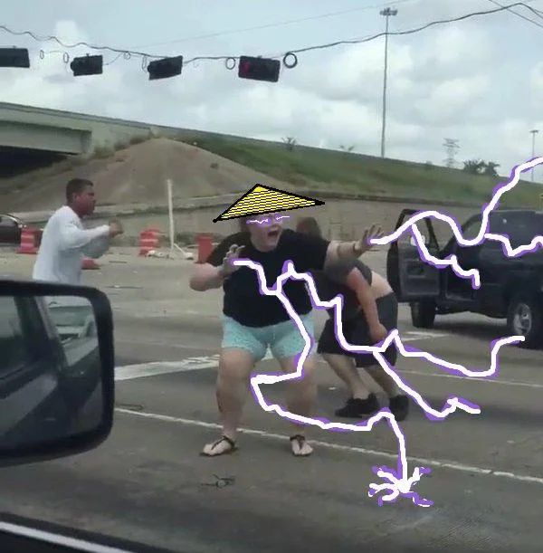 Houston Road Rage Brawl — Still from viral 2016 Houston road rage video showing physical fight at intersection with edited wizard hat and lightning effects.