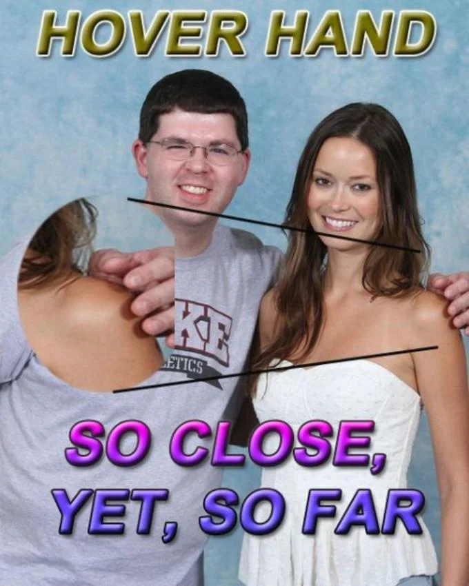Hover Hand — Fan in Nike t-shirt posing with Summer Glau, hand hovering above her shoulder