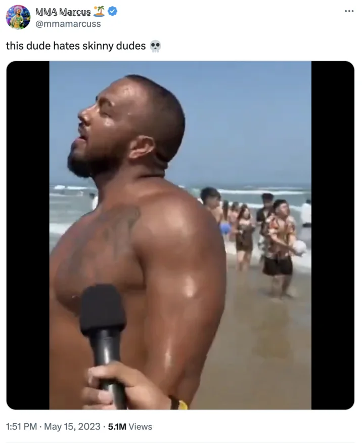 How About 8 Inches and Thick? — Tweet from MMA Marcus showing muscular man at beach interview with caption 'this dude hates skinny dudes'