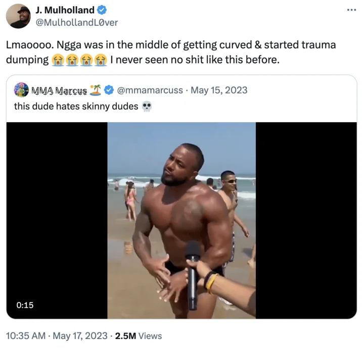 How About 8 Inches and Thick? — Twitter quote tweet reacting to beach interview video with laughing crying commentary