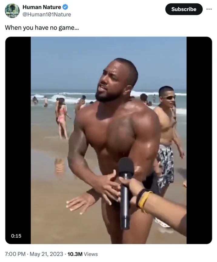 How About 8 Inches and Thick? — Tweet captioned 'When you have no game' showing beach interview with muscular man