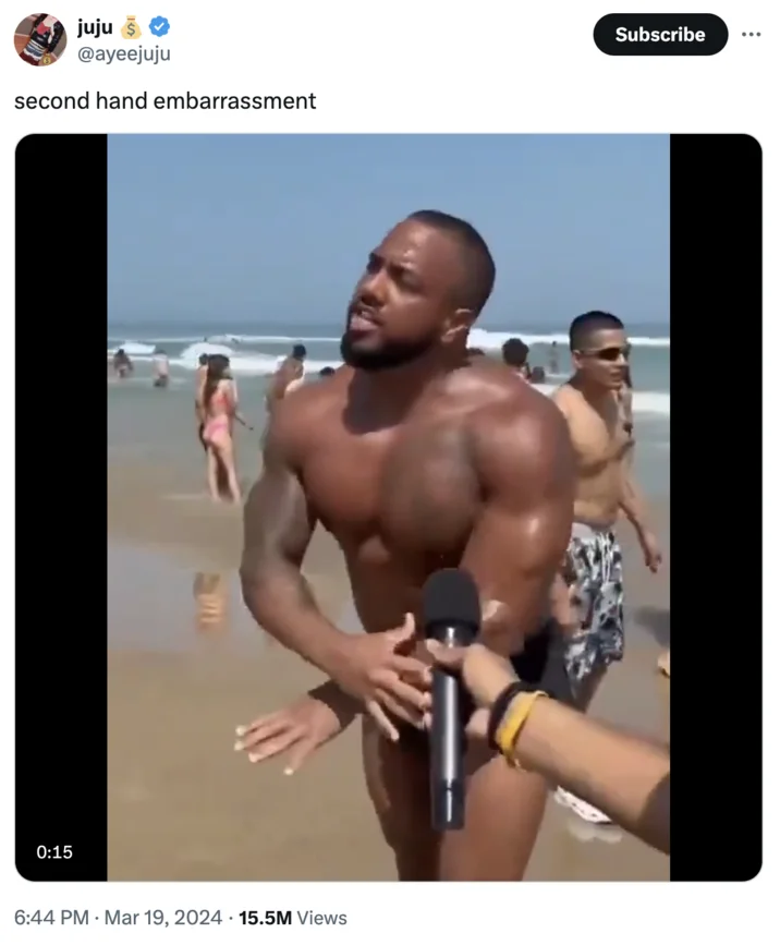 How About 8 Inches and Thick? — Tweet captioned 'second hand embarrassment' showing muscular man gesturing at beach interview