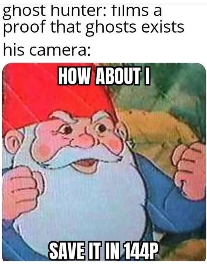 How About I Slap Your Shit — Ghost hunter joke meme using David the Gnome captioned 'How about I save it in 144p'