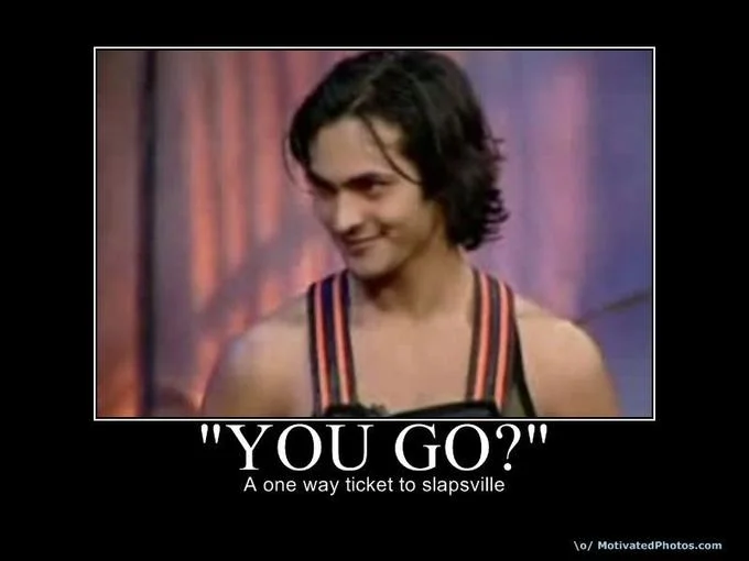 How Can She Slap — Portrait-style screenshot from original Dadagiri TV show featuring male participant in tank top against purple background.