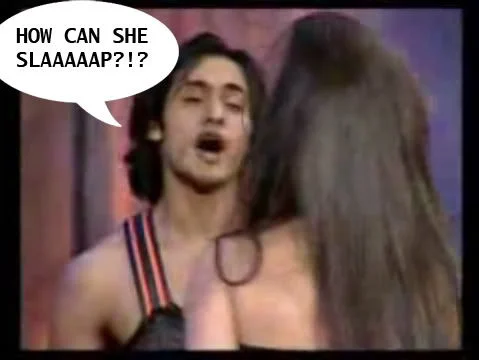 How Can She Slap — Still from Dadagiri TV show with speech bubble overlay 'HOW CAN SHE SLAAAAP?!?'