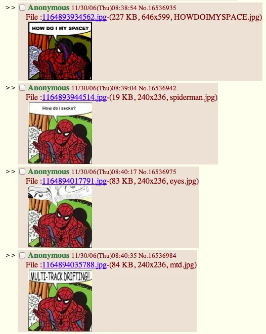 How Do I Shot Web? — 4chan thread screenshot showing early 2006 Spider-Man 'How Do I' meme edits