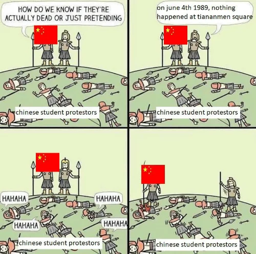 How Do We Know If Theyre Actually Dead Or Just Pretending — Edited comic themed around the 1989 Tiananmen Square massacre with Chinese-flag soldiers and