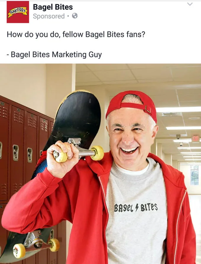 "How Do You Do, Fellow Kids?" — Parody Bagel Bites ad with older man in branded shirt holding skateboard mimicking the fellow kids meme