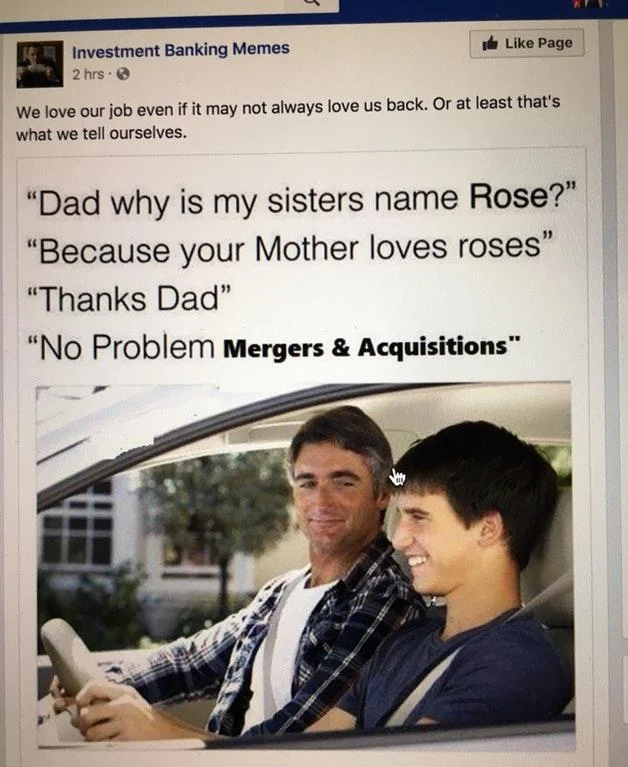 "How Do You Do, Fellow Kids?" — Investment Banking Memes Facebook post with corny dad joke about Mergers and Acquisitions