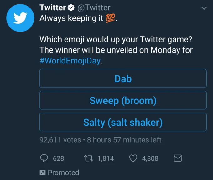 "How Do You Do, Fellow Kids?" — Twitter poll asking users to vote for Dab, Sweep, or Salty emoji for World Emoji Day