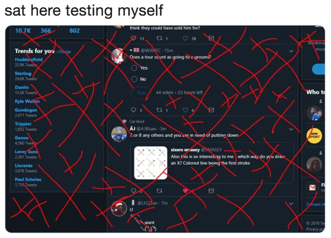 How Do You Draw an X? — Twitter reply suggesting X-drawing method depends on handedness, calling other methods sick.