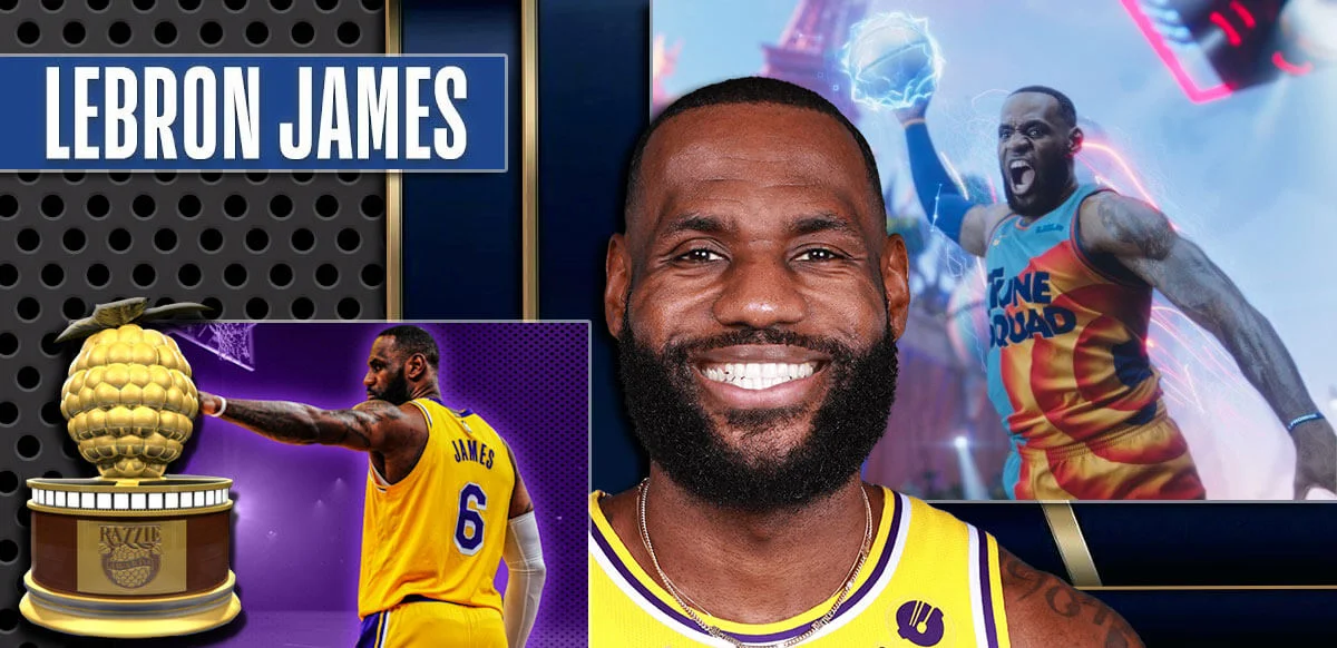 How Does This Affect LeBron's Legacy? — LeBron James collage with Lakers jersey, Space Jam Tune Squad character, and a Razzie Award trophy