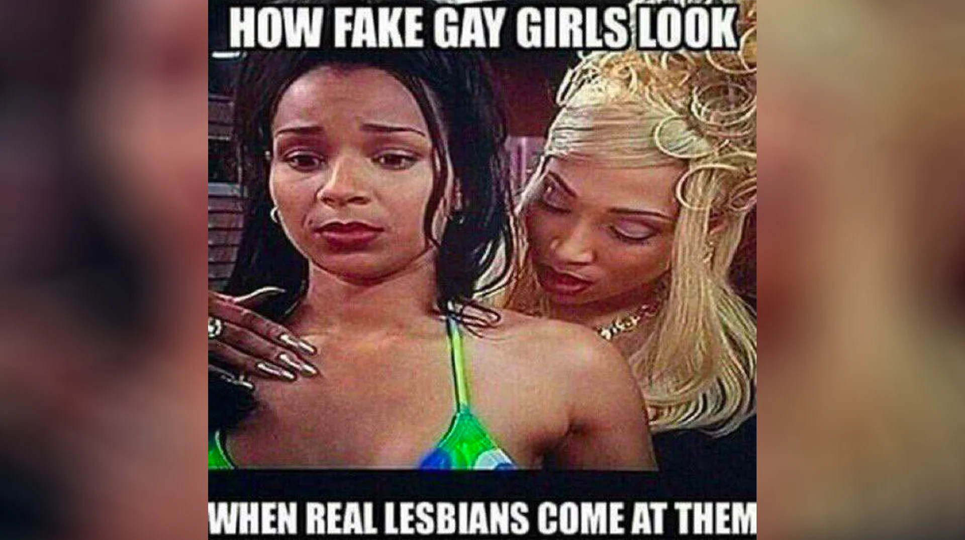 How Fake X Look When Real Y Come At Them — Two women with top and bottom caption text 'How fake gay girls look when real lesbians come at them'