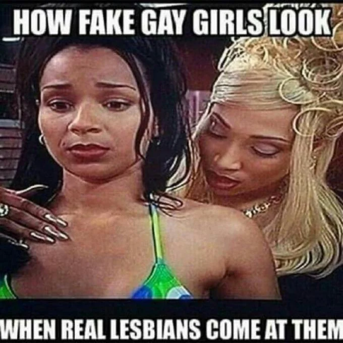 How Fake X Look When Real Y Come At Them — Square-cropped 'How fake gay girls look when real lesbians come at them' meme