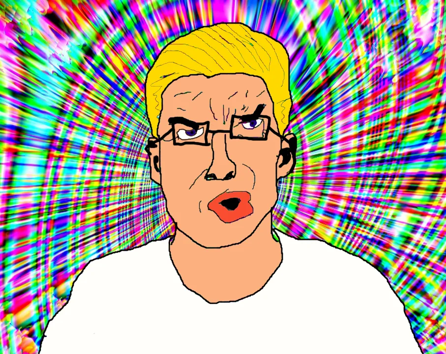 How It Feels To Chew 5 Gum — Cartoon of a man with puckered lips over a rainbow background