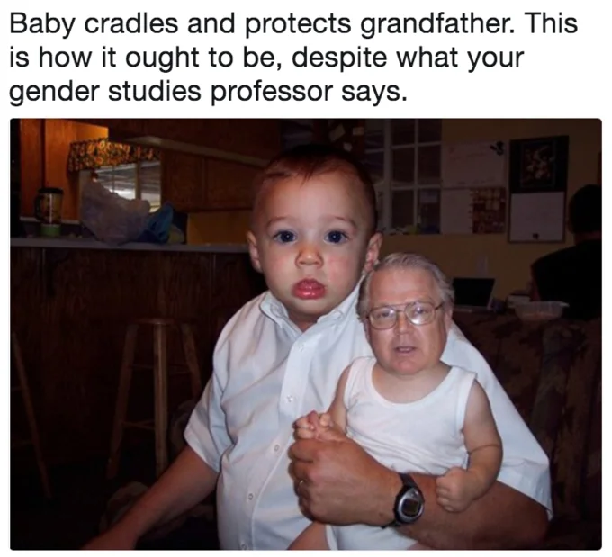 How It Ought To Be — Face-swapped baby and grandfather photo with parody Matt Walsh caption
