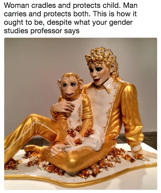 How It Ought To Be — Jeff Koons Michael Jackson and Bubbles sculpture with Matt Walsh caption