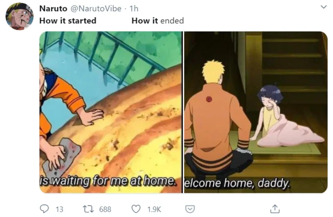 How It Started vs How It's Going — Twitter meme using anime screencaps to show character relationship progression across series.