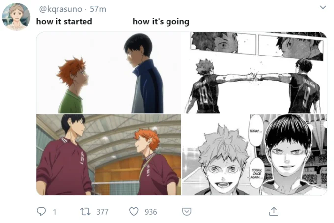 How It Started vs How It's Going — Twitter meme comparing character appearance across different story arcs using manga panels.