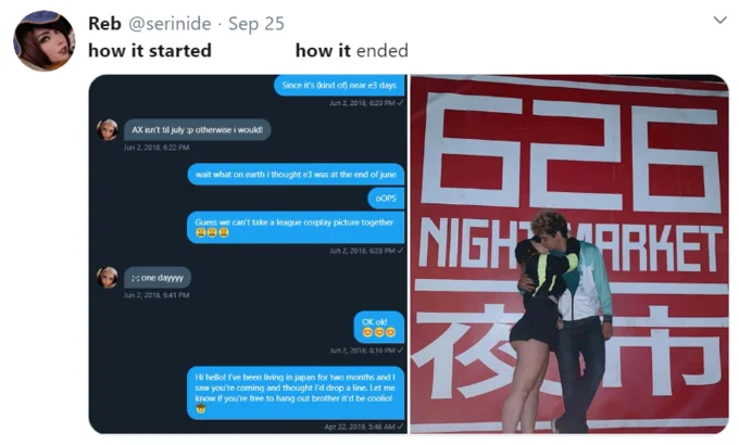 How It Started vs How It's Going — Twitter meme showing text message exchange on left and related image on right illustrating narrative progression.
