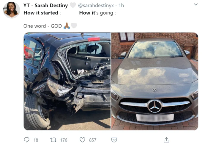 How It Started vs How It's Going — Twitter meme comparing heavily damaged accident vehicle to pristine restored Mercedes.