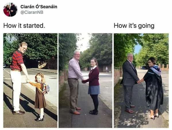 How It Started vs How Its Going — Twitter example with three small vintage photos transitioning to larger contemporary images showing progression.