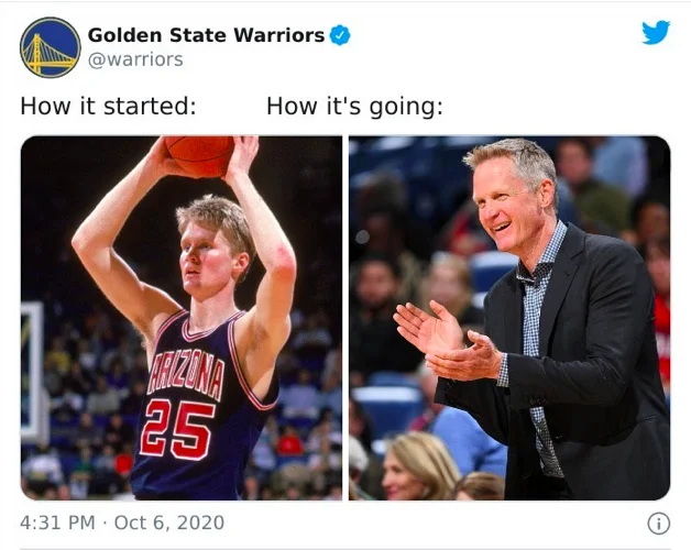 How It Started vs How Its Going — Golden State Warriors verified Twitter post showing player in jersey transitioning to executive in business casual.