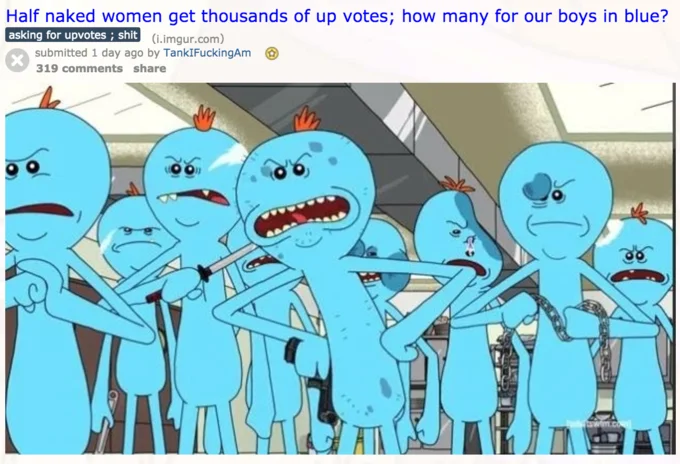 How Many Upvotes For Our Boys In Blue? — Reddit screenshot of the boys in blue meme paired with a Mr. Meeseeks image
